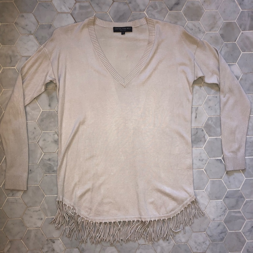 Cream fringe long sleeve sweater